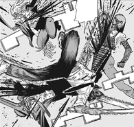 Denji aerial slashes Reze, Whip, and Spear Hybrid