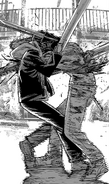 Denji and Miri impale each other using their respective weapons.