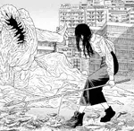 Asa frente a un demonio, sosteniendo la lanza que creó a partir de un acuario.