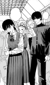 Yuko greets Asa and Yoshida during the tryouts for the Devil Hunter Club.