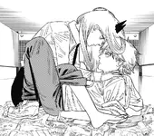 Power y Denji en un basurero