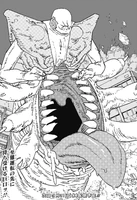 The Justice Devil opening an enormous jaw on its belly in an attempt to devour its two targets.