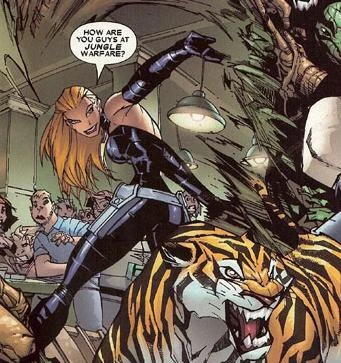 Lady Mastermind making an illusion of a tiger. Her illusionary powers are powerful enough that people witnessing the tiger do not question the fact it just appeared in the room.
