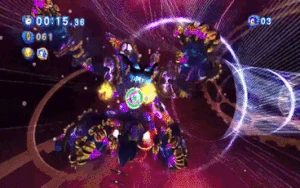 Super Sonic utilizing his boost technique for speed amplification.