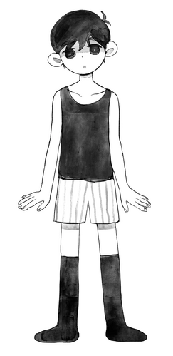 Semi-Infrequent OMORI Facts on X: *An unused sprite, known as  sunny_Judgement.png, depicting SUNNY, albeit wearing a fashionable blue  hoodie and black shorts, alongside pink footwear, with a blue glowing eye.  It is