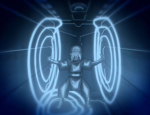 Toph "seeing" with her newfound power over metal.