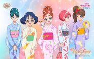 Yui and four Princess Cures in their yukatas.