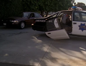 Darryl throws the criminal through the other side of the police car.