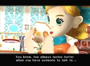 Having tea with Mrs. Sanderson.