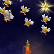 Vulcan Chaingun at ⚡10, damaging Chickens.