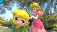 Peach adjusts Toon Link's hat.