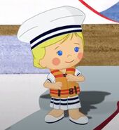 Chloe as a sailor with a lifejacket (Singing at Sea)