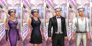 'Art Nouveau Glamour', 'Back to Black', 'Tux With a Twist', and 'Striped Suspense' Outfits (Female 4, Male 2)