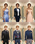 'Silver Goddess', 'Black Tie', 'Just Peachy' (Female 2), 'Blackout', 'Flower Power', and 'True Blue' (Male 1) Outfits