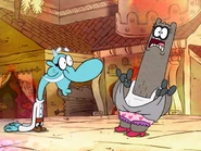 Shnitzel is showing how shocked he is after seeing Mung's dinner.