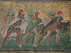 The Three Magi, Byzantine mosaic c.&thinsp; 565, , , Italy (restored during the 19th century). As here  usually depicts the Magi in  which includes , capes and .