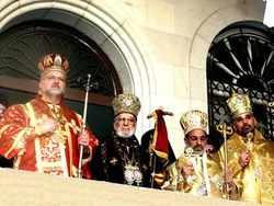 New bishops with the patriarch<br>Left to Right:  Bp. , Patr. , Bp. , Bp