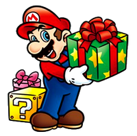 Official artwork of Mario, as he appears in the games, giving out Christmas presents.