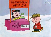 Lucy asks Charlie Brown to pay in advance for her advice.