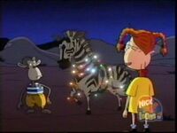 Eliza and Darwin give the zebra the Christmas lights to defend himself.