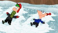 Phineas and Ferb making snow angels.