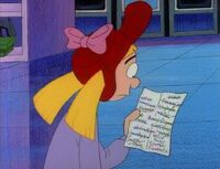 Helga looks at Mr. Bailey's shopping list after Arnold drops it.