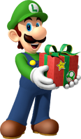 Official artwork of Luigi holding a gift, as he appears in the games.