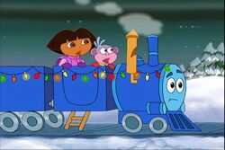 Dora and boots are on a train