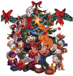 Mickey Mouse and friends decorate a Christmas tree in this promotional artwork for Mickey's Twice Upon a Christmas.