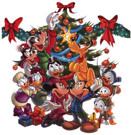 Mickey Mouse and friends decorate a Christmas tree in this promotional artwork for Mickey's Twice Upon a Christmas