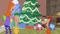 Phineas, Ferb, and Candace see their presents on Christmas morning.