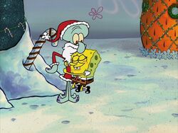 Squidward as Santa with SpongeBob