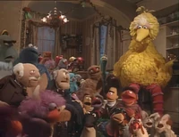 Big Bird and his costars sing the caroling medley in A Muppet Family Christmas.