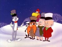 Bugs leading a performance of "Deck the Halls" with his fellow Looney Tunes stars.