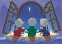 Promotional artwork of the nephews for Mickey's Once Upon a Christmas.