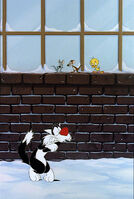 Sylvester shivering as Tweety and the mice look on.