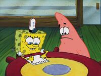 SpongeBob shows Patrick the proper way to write a letter.