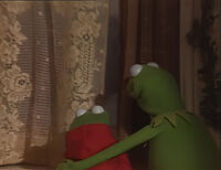 Kermit and Robin looking at the blizzard outside.