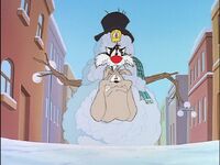 Tweety, Sylvester, and Hector crash land into a snowman.