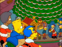 Bart, Milhouse, and Lewis watching the mall Santa, unaware that it's Homer.