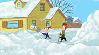 Phineas and Ferb shoveling snow.
