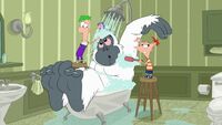 In the intro sequence, Phineas and Ferb give a yeti a shower.