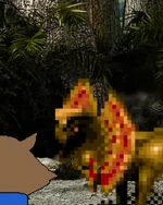 Rocket fights a Dilophosaurus