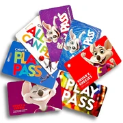 A group of Chuck E.'s Play Pass cards.