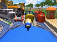 A blue Wilson character with Wilson, Brewster, Old Puffer Pete, Chatsworth and a monkey at Roundhouse Park