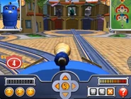 A blue Wilson character with Chatsworth, Olwin and Ebo in the double-decker roundhouse