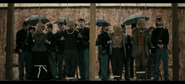Spencer Treat Clark (under hood, second from left) about to be executed in Manhunt