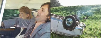 Left: Peter Chatel (with Margit Carstensen) in MarthaRight: The wreckage of Peter Chatel's car in Martha