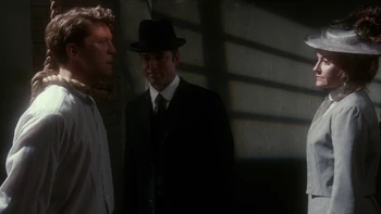 Michael Seater (left) with  (center) and  (right) just before Michael's execution in Murdoch Mysteries: The Devil Inside