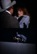 Top: Tina Louise (right) in Dallas: The Red File, Part 1 Bottom: Tina Louise's death in Dallas: The Red File, Part 1